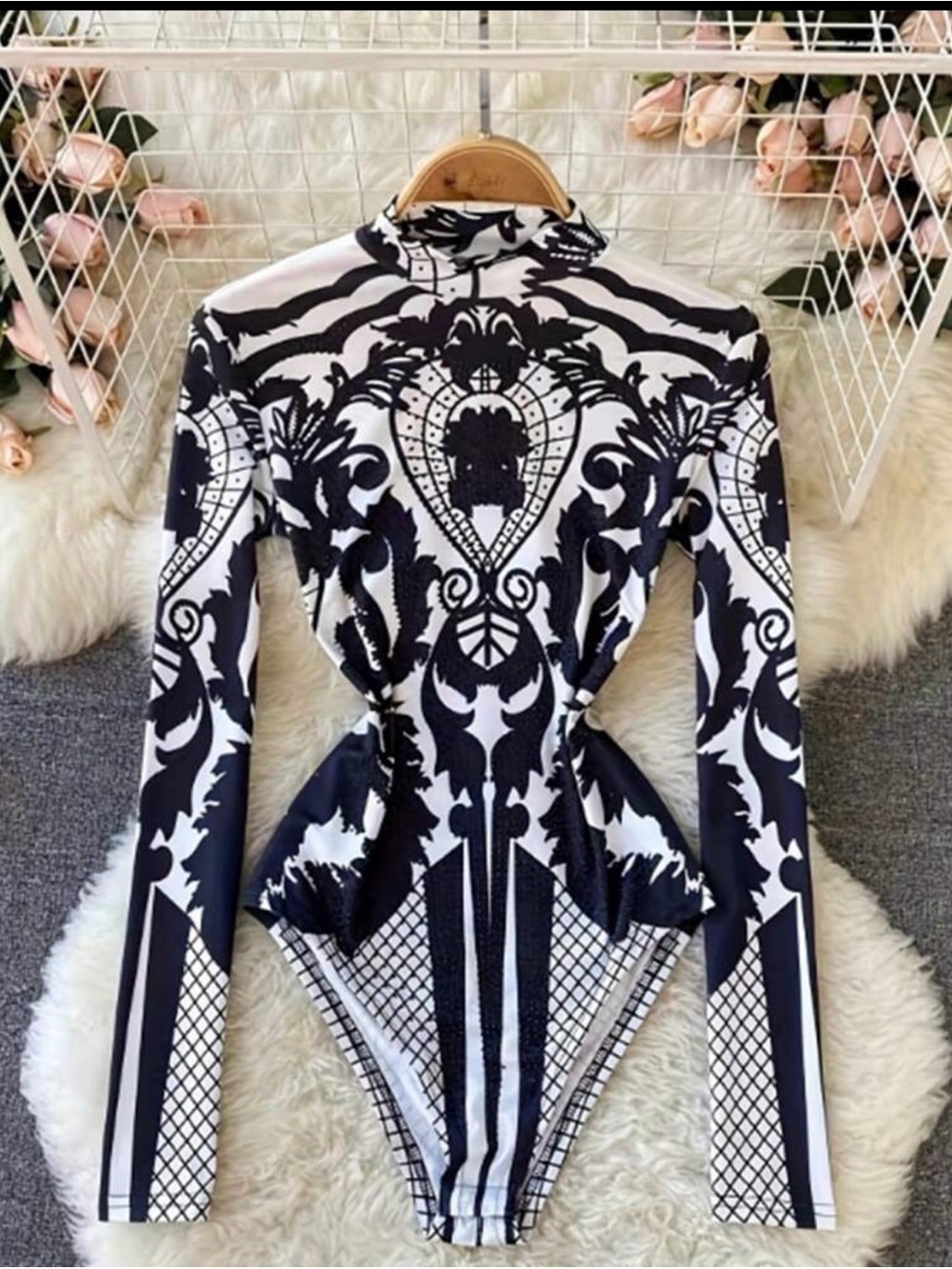 Black & White Long-Sleeve Printed Bodysuit - Picture 3 of 6